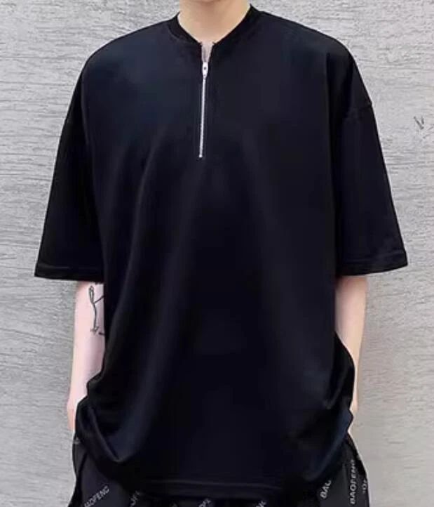 men's Korean version trend V-neck zipper design Simple temperament short sleevee