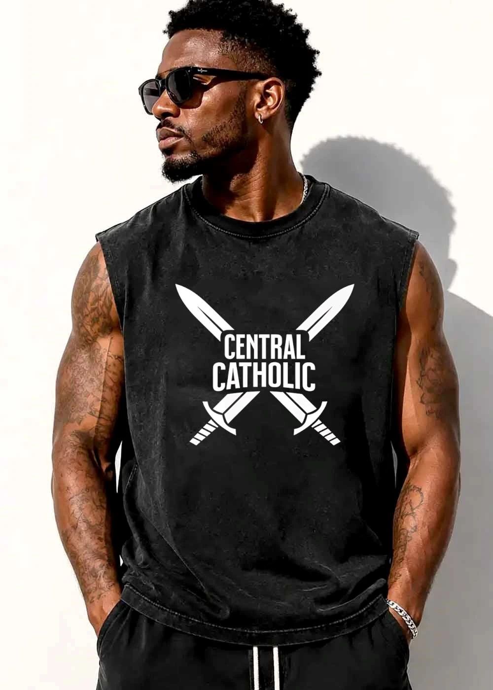 Central Catholic Bold Block Text Two Crossed Swords Silhouette shirt