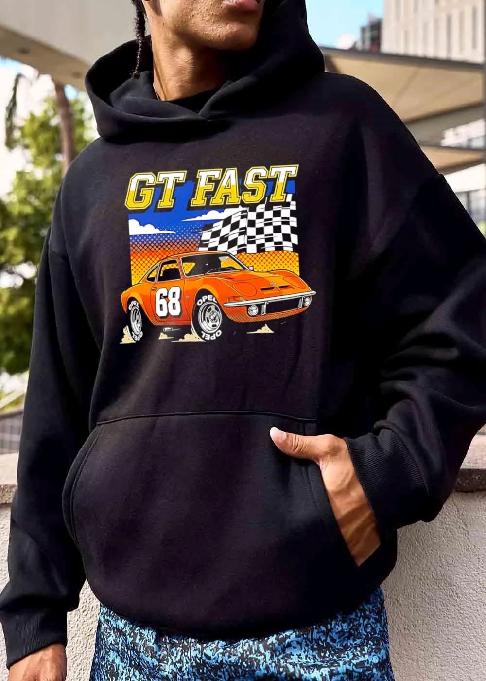 Opel Gt Fast Orange Race Car Checkered Flag Halftone Cartoon shirt