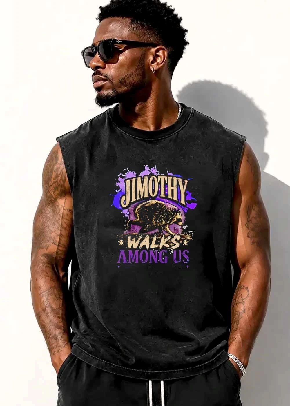 Jimothy Walks Among US Raccoon Purple Paint Splatter Distressed shirt
