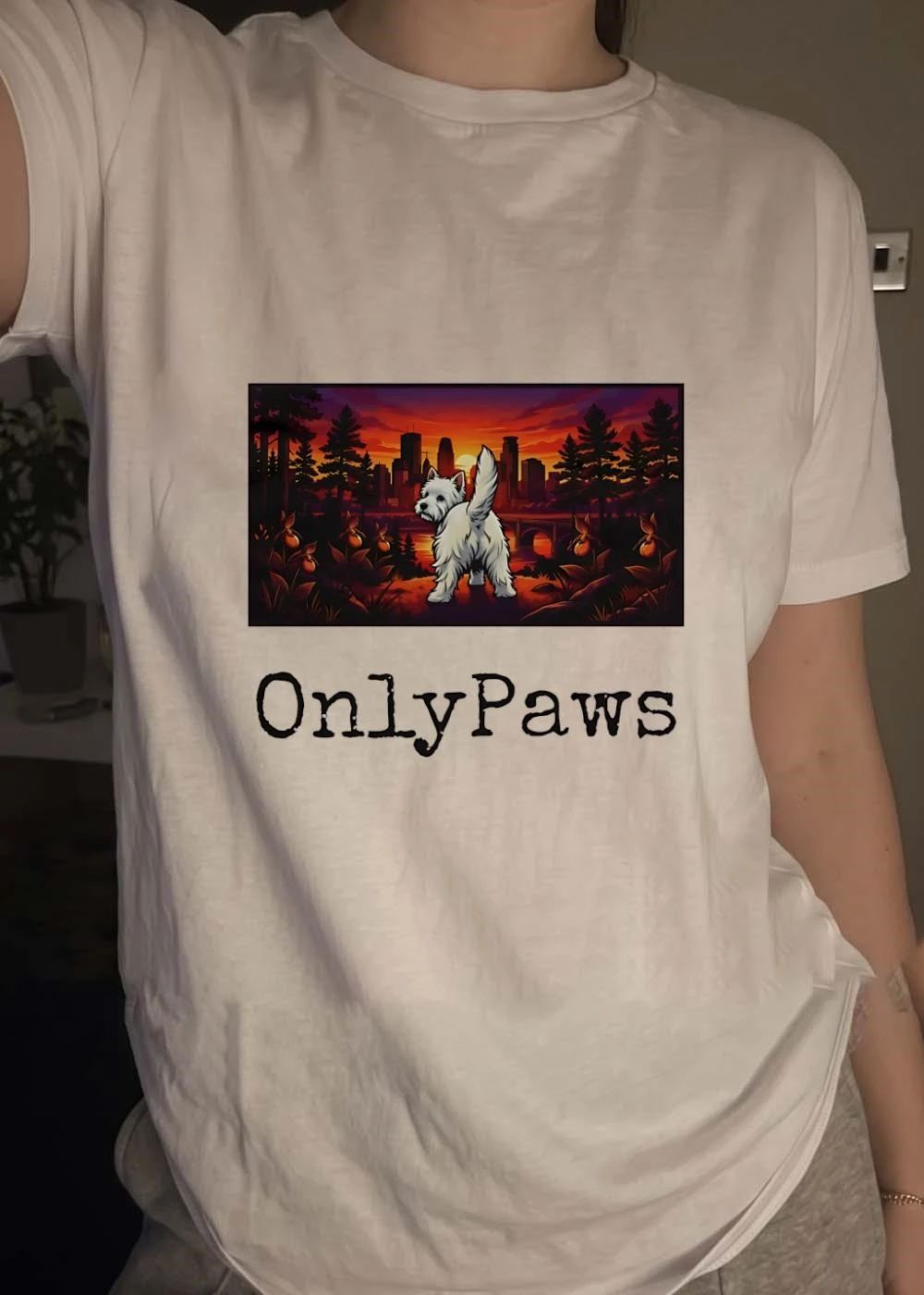 OnlyPaws Westie Dog Gazing at Minneapolis Sunset Skyline shirt