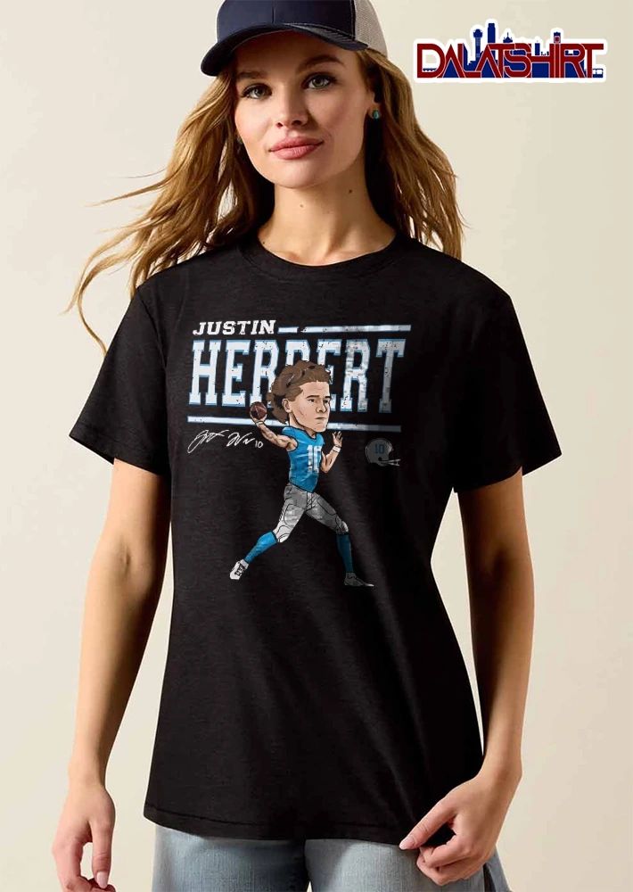 Justin Herbert Cartoon Caricature Quarterback Throwing Football Distressed Text shirt