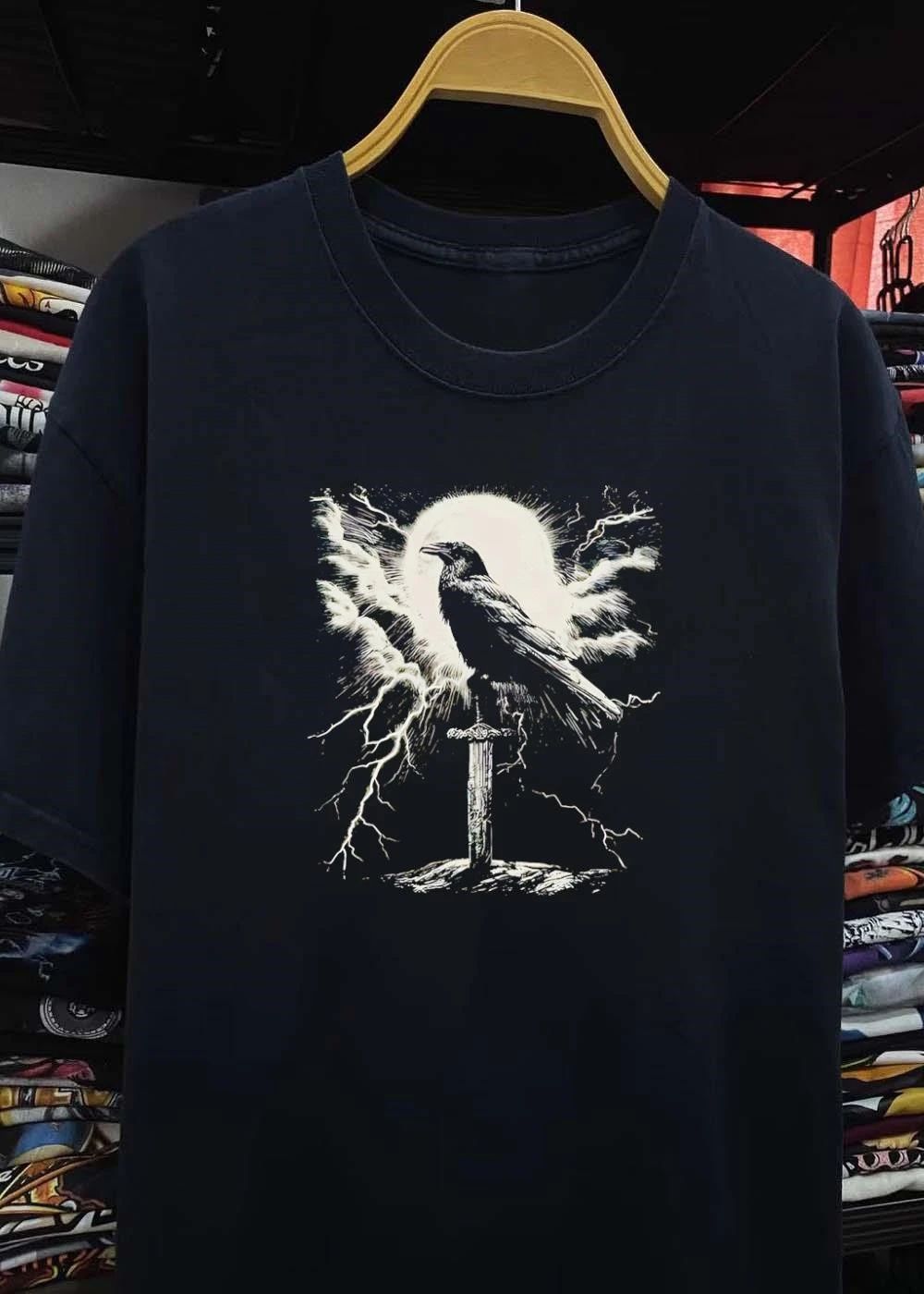 Raven Perched upon Sword under Lightning and Moon T-Shirt