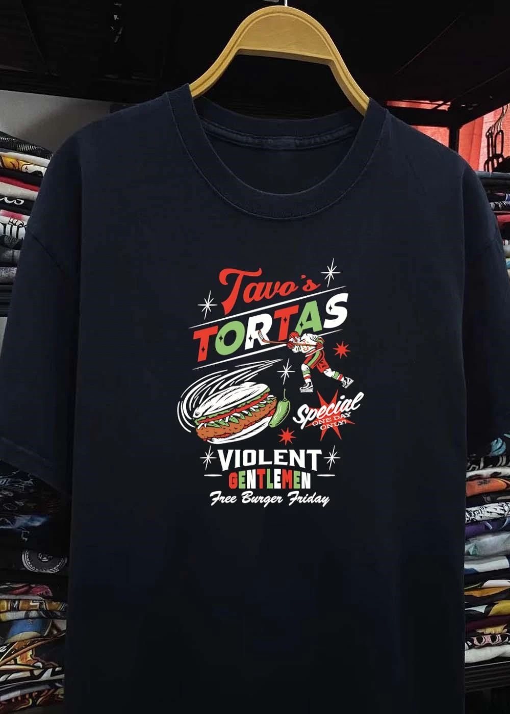 Violent Gentlemen Tavos Tortas Special One Day Only Free Burger Friday Hockey Player Flying Torta Jalapeno shirt