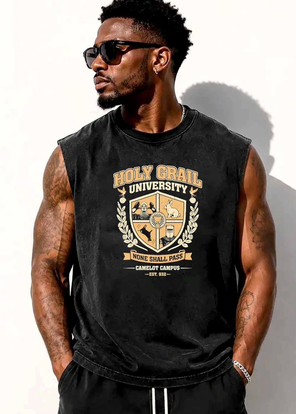 Holy Grail University None Shall Pass Camelot Campus Est 932 Shield Crest Swallows Coconuts Knights Distressed shirt