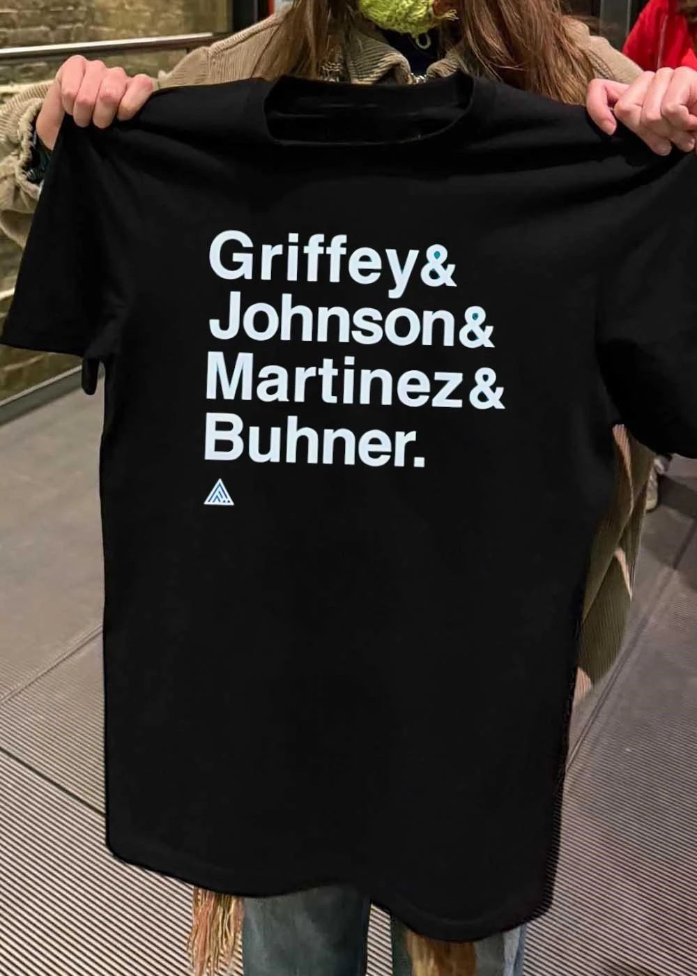 Griffey Johnson Roster White Sans Serif Typography Text Black Background Triangle Logo shirt