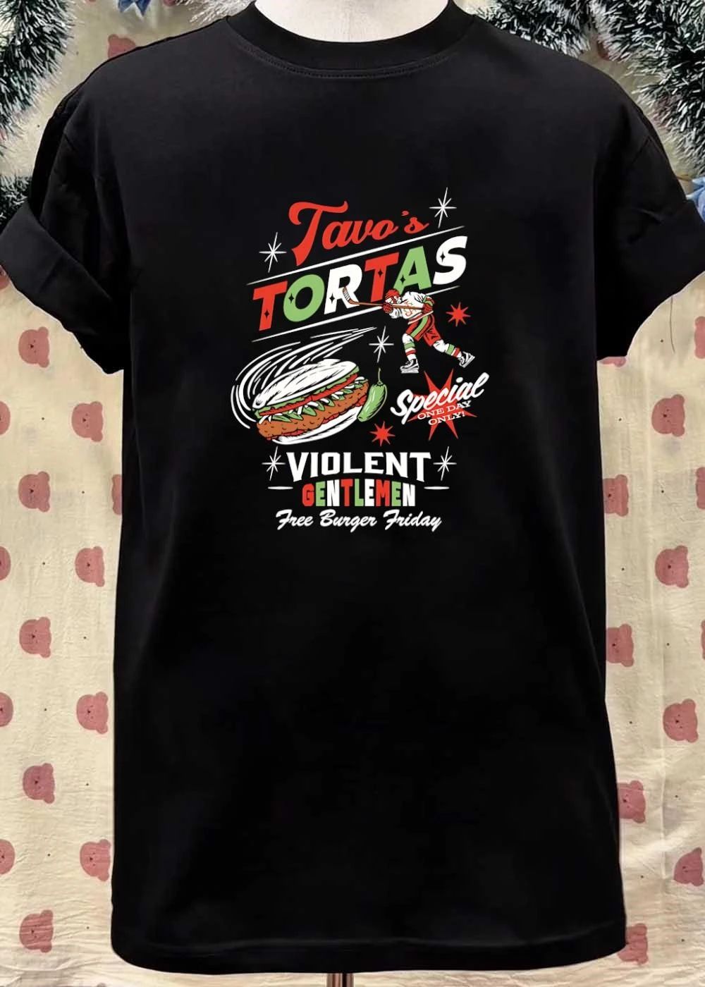 Violent Gentlemen Tavos Tortas Special One Day Only Free Burger Friday Hockey Player Flying Torta Jalapeno shirt
