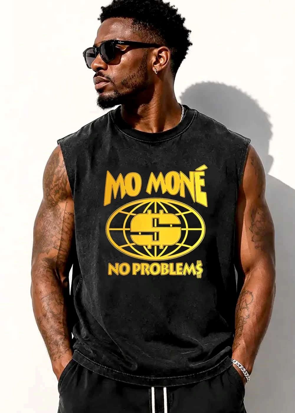 Mo Mone No Problems Gold Globe Dollar Sign Symbol Black Background shirt