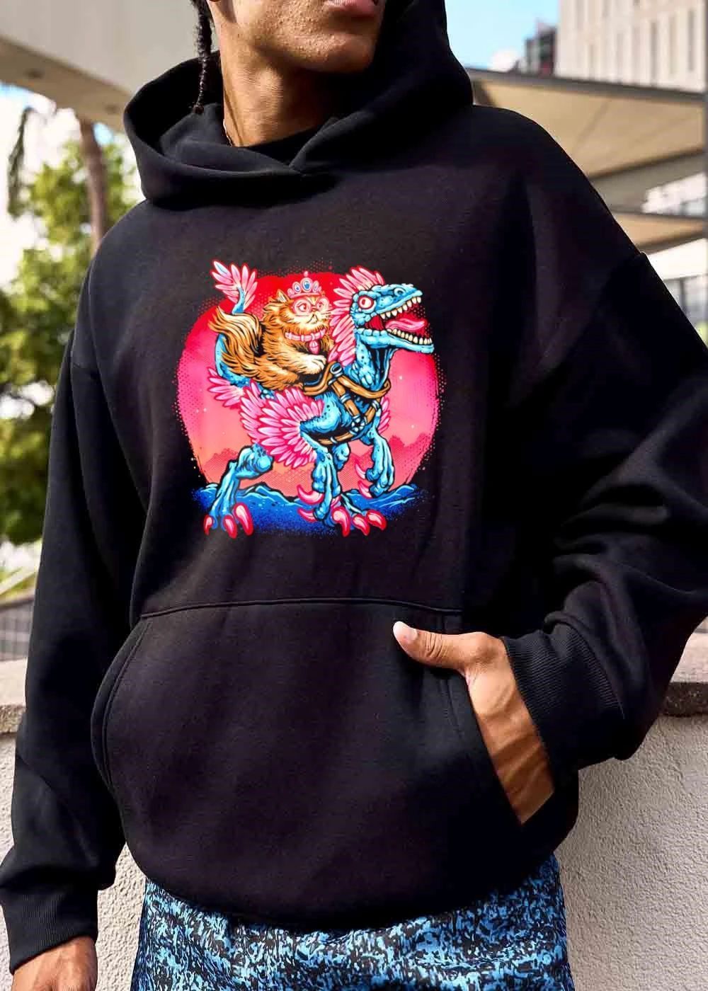 Cartoon Fluffy Cat Wearing Tiara Riding Feathered Velociraptor shirt