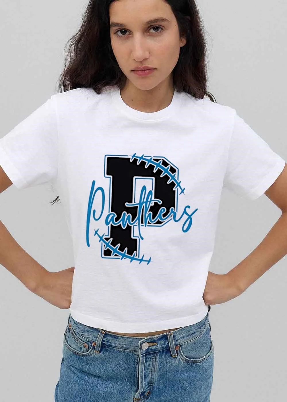 Panthers Varsity Letter P Blue Football Laces Script Text Outline shirt
