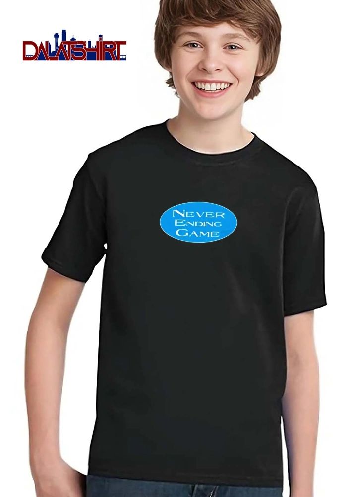Never Ending Game White Text Blue Oval Black Background shirt