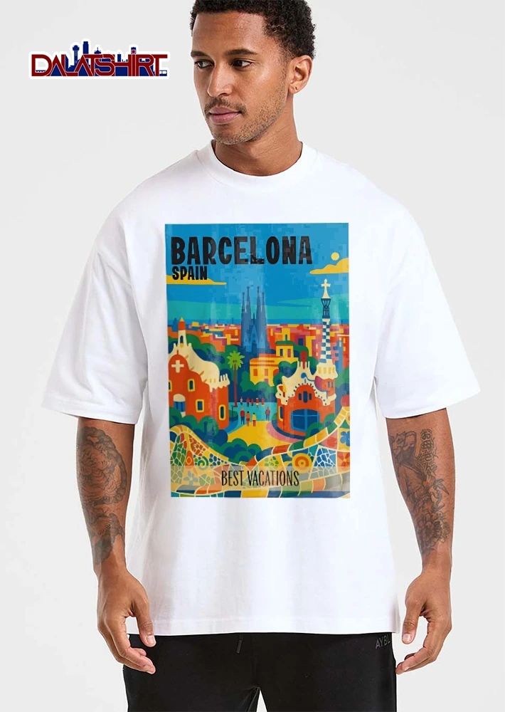 Barcelona Spain Retro Travel Poster Park Guell Sagrada Familia Mosaic shirt