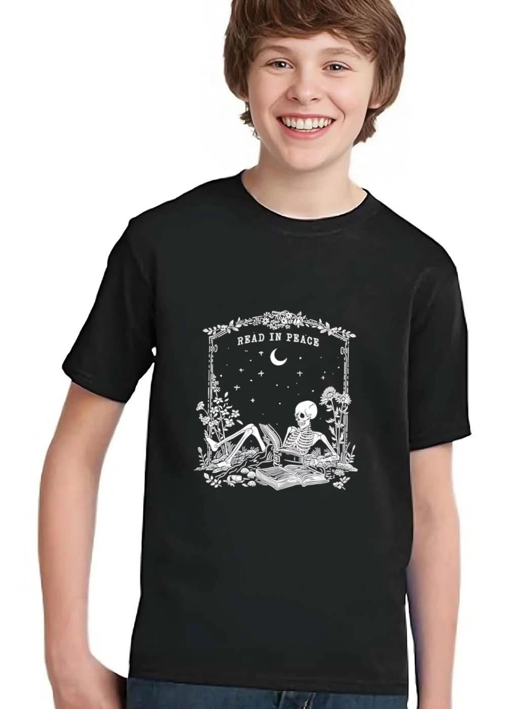 Read In Peace Skeleton Reading Book Crescent Moon Line Art shirt