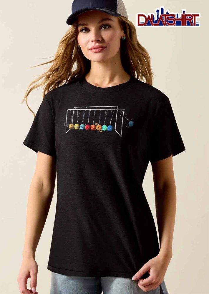 Cartoon Newton Cradle Solar System Planets Pluto Falling Snapped String shirt
