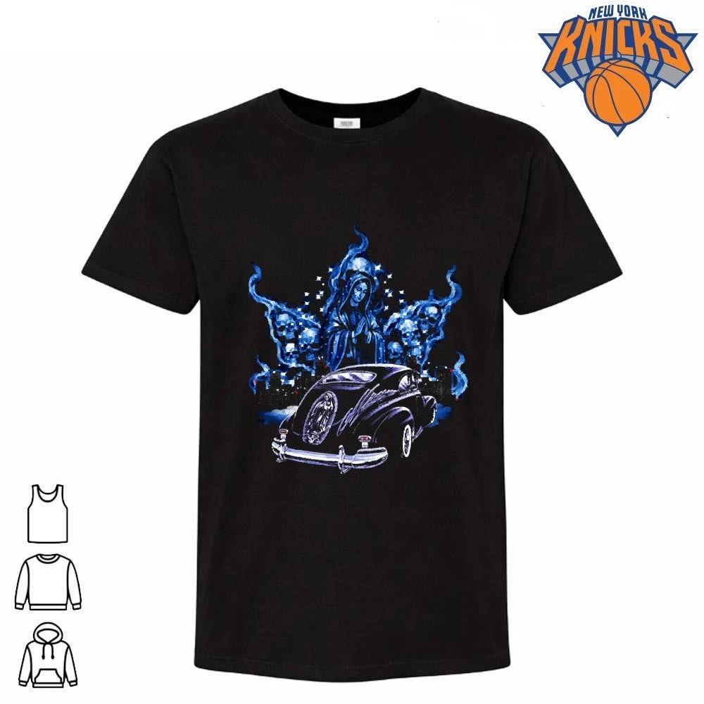 Chicano Art Virgin Mary Airbrush Lowrider Car Blue Flames Smoke Graphic Shirt