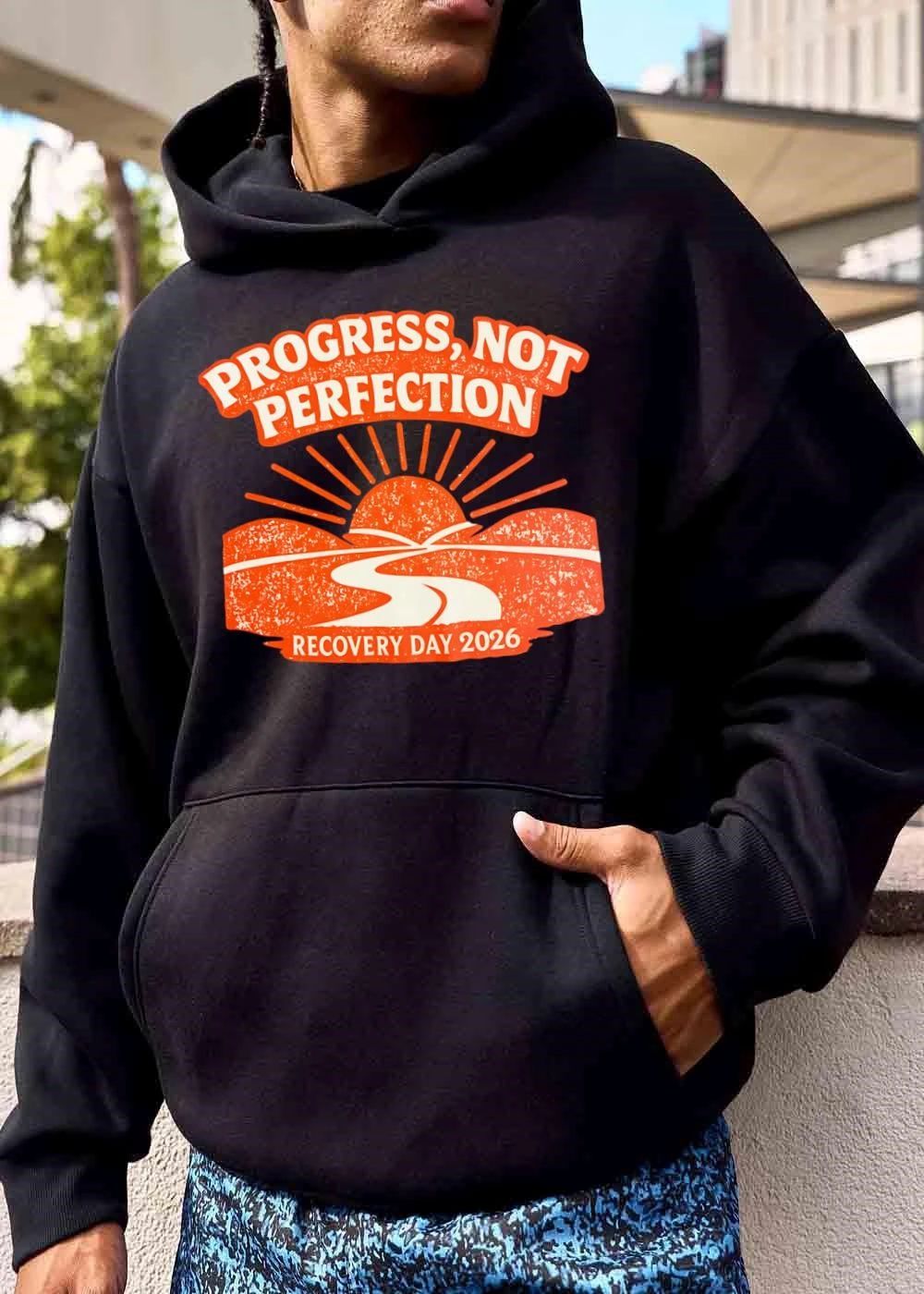 Progress Not Perfection Recovery Day 2026 Winding Road Sunburst Distressed Landscape shirt