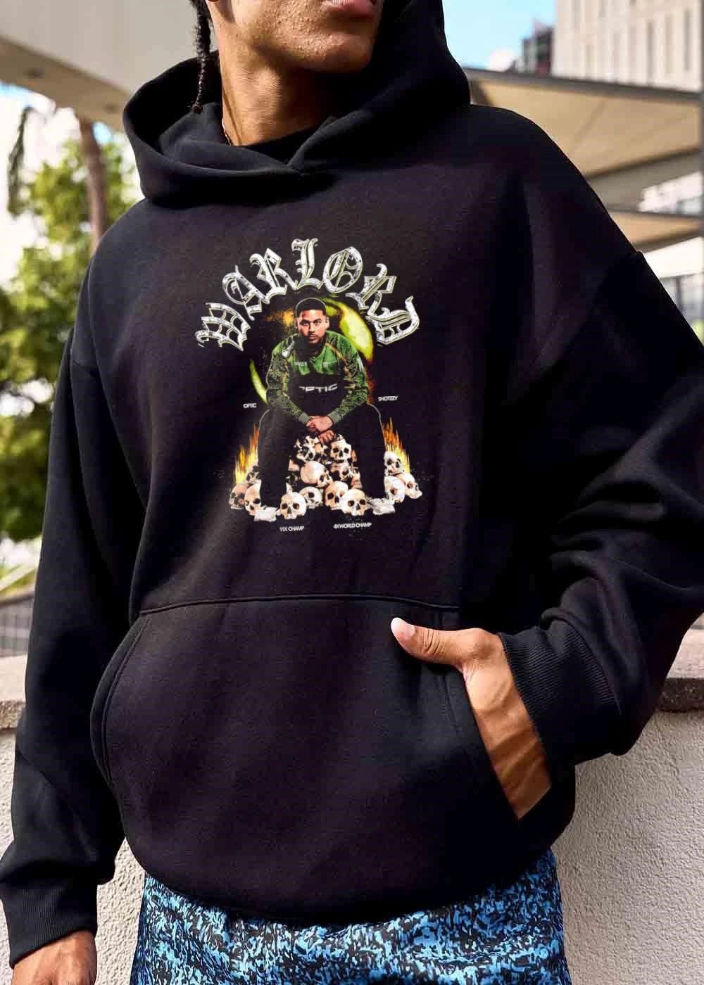 Optic Warlord Shotzzy 11x Champ 4x World Player Sitting Skull Pile Flames Bootleg shirt