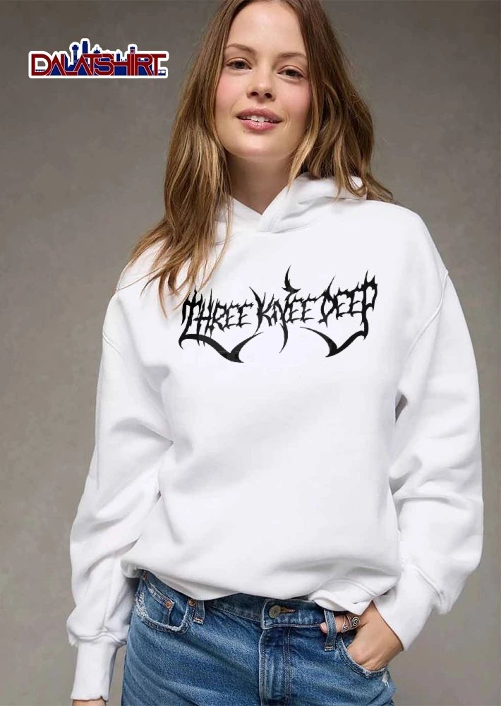 Three Knee Deep Spiky Heavy Metal Band Typography Logo Black White shirt
