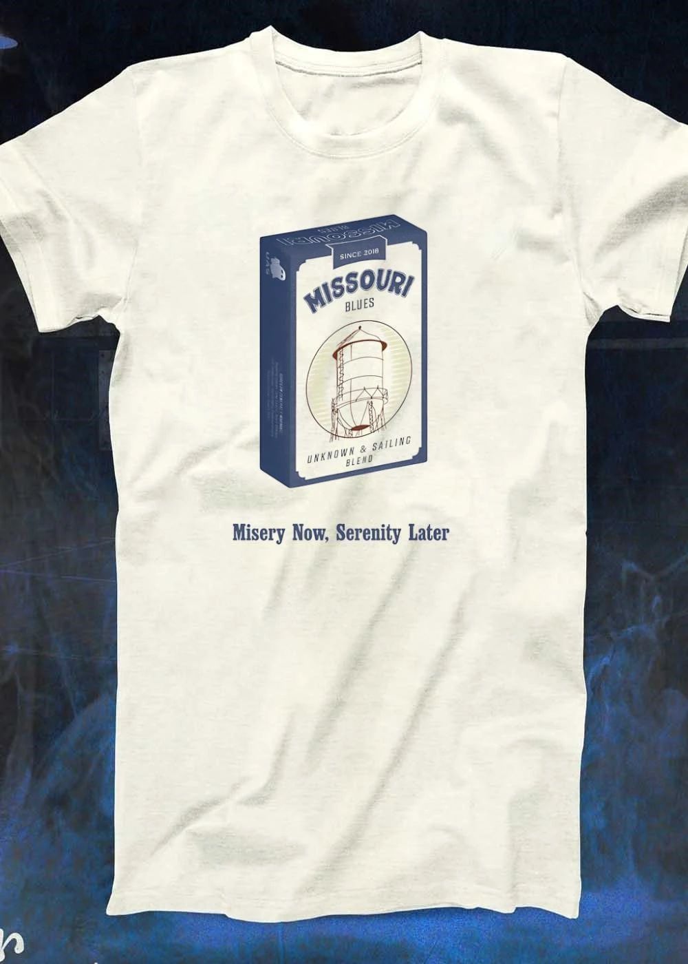 Missouri Blues Misery Now Serenity Later Since 2018 Cigarette Pack Water Tower Line Art shirt