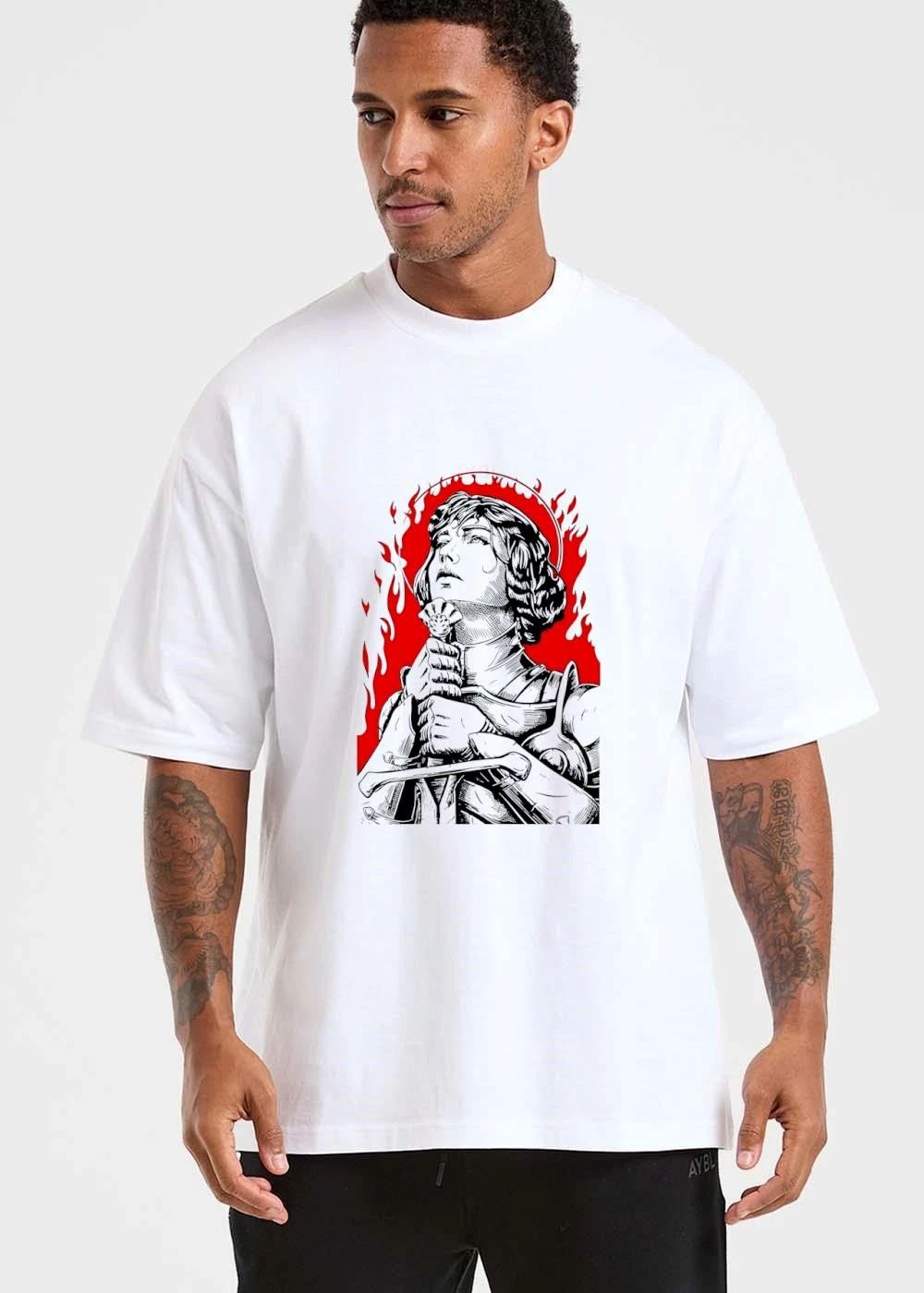 Female Knight Saint Holding Sword Red Flames Halo Line Art shirt