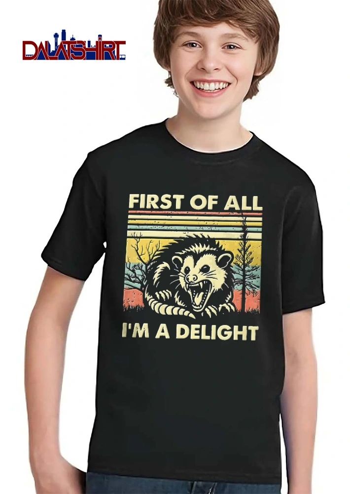 First Of All Im A Delight Snarling Opossum Retro Stripe Sunset Trees shirt
