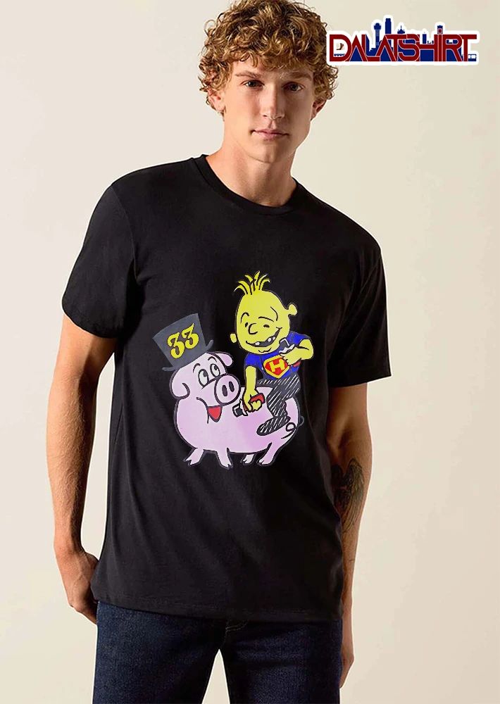 33 Cartoon Boy Yellow Hair Riding Pink Pig Black Top Hat shirt