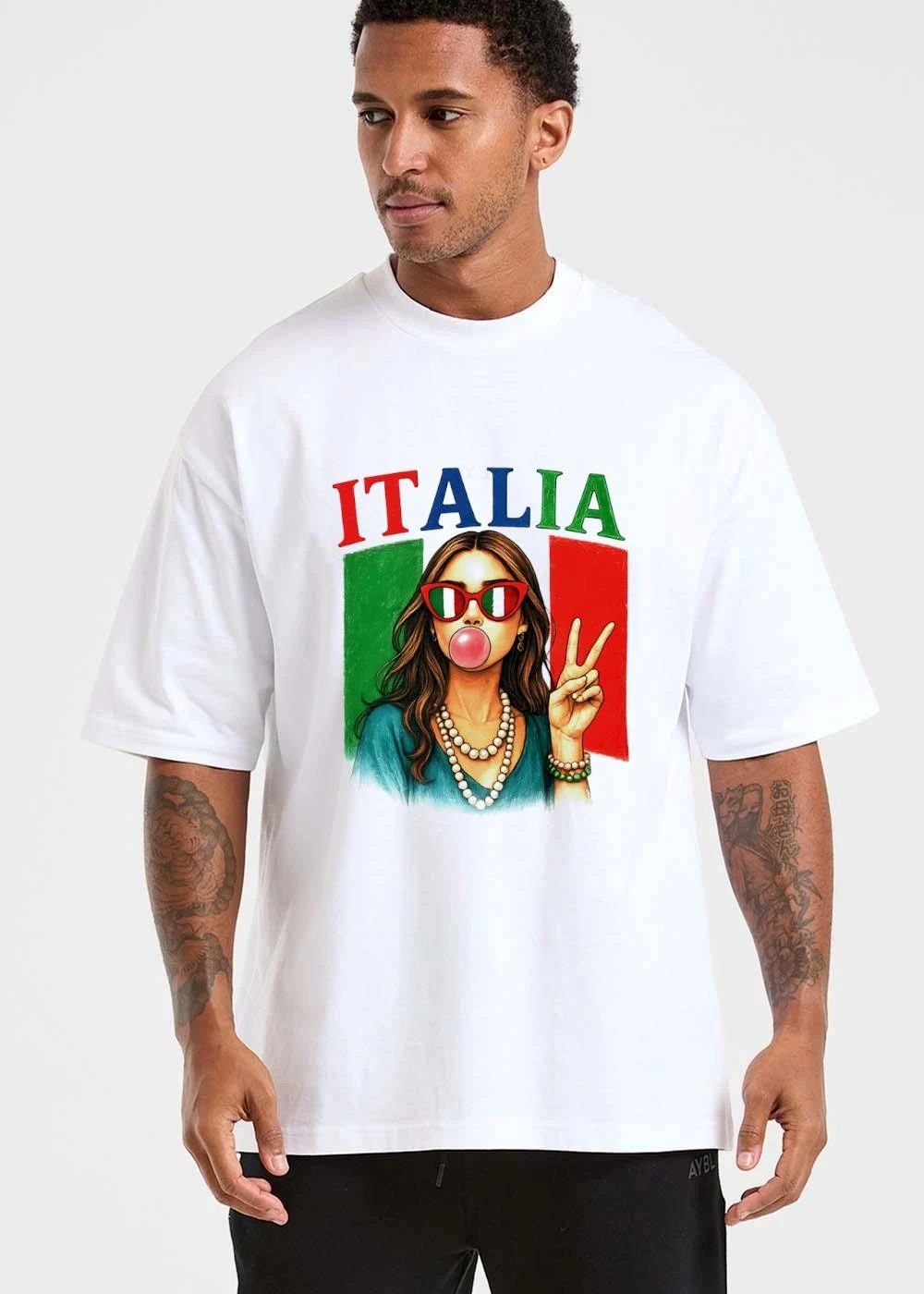 Italia Woman Blowing Pink Bubblegum Sunglasses Peace Sign Flag shirt