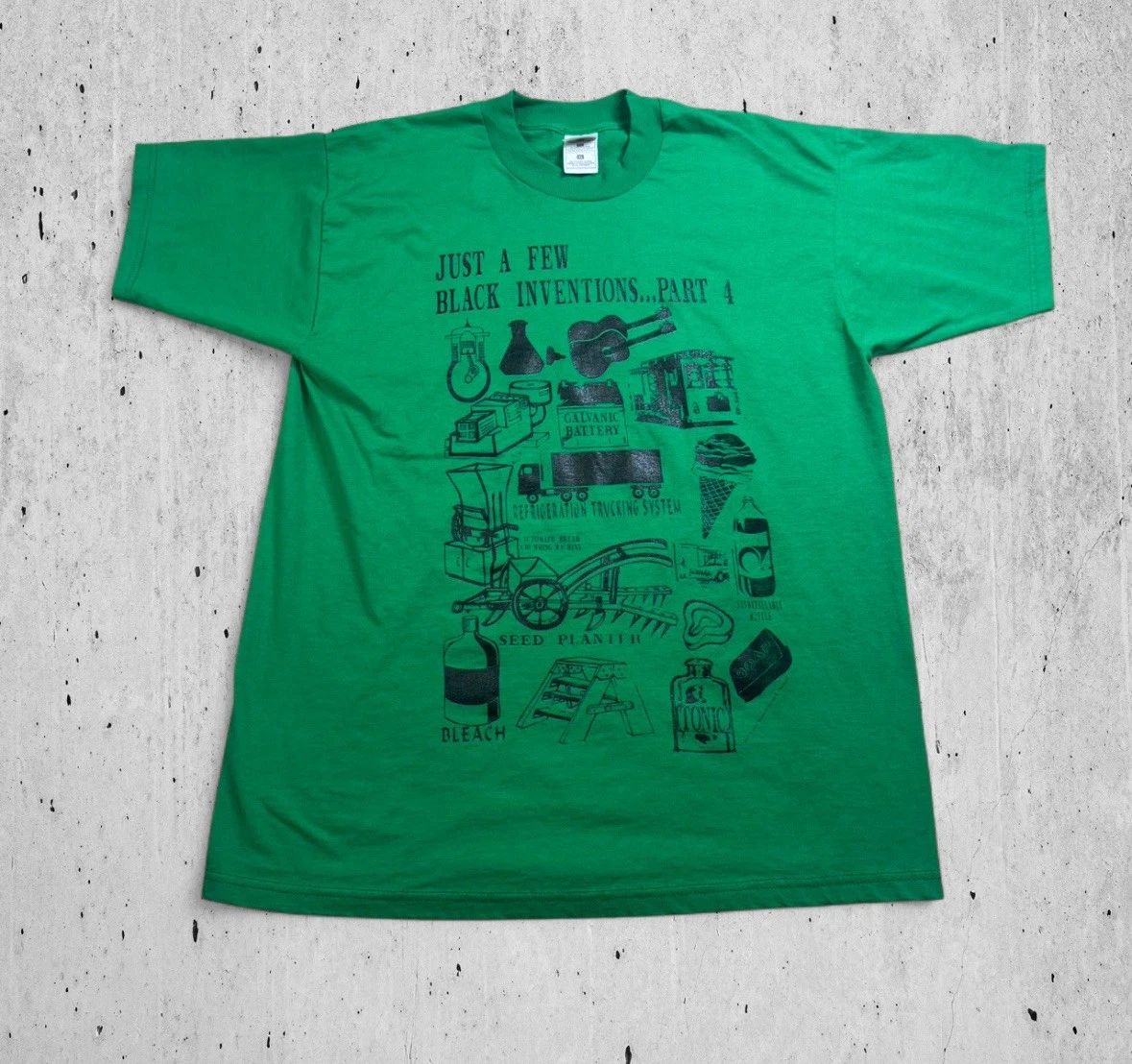 Vintage Blank Inventions Green Fruit Of Loom Black History Shirt size XL