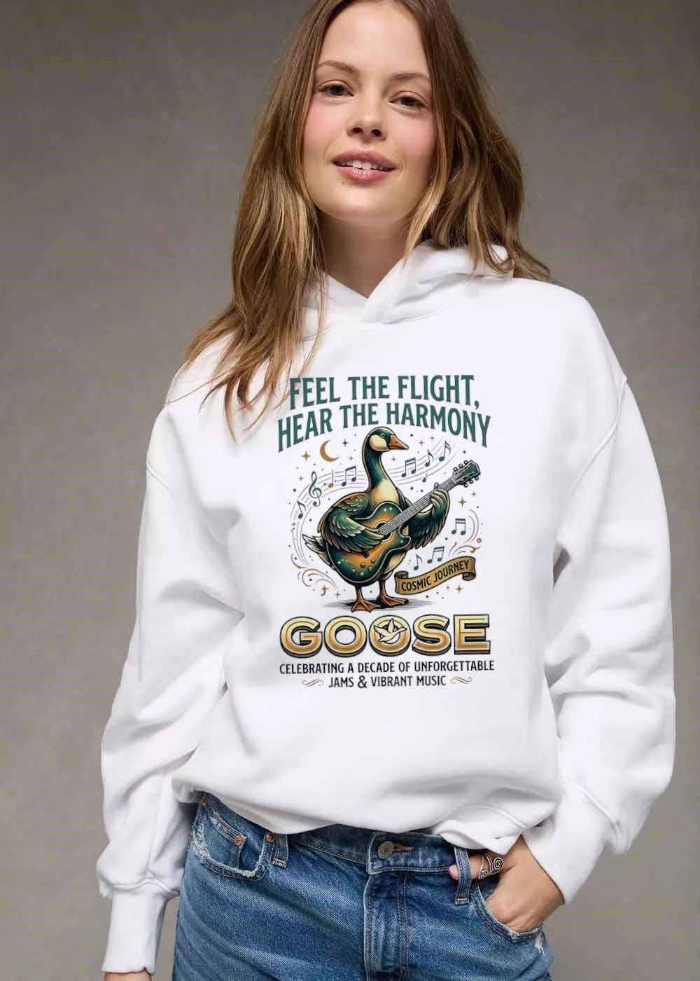 Goose Feel The Flight Hear Harmony Cosmic Journey Playing Guitar Musical Notes Moon shirt
