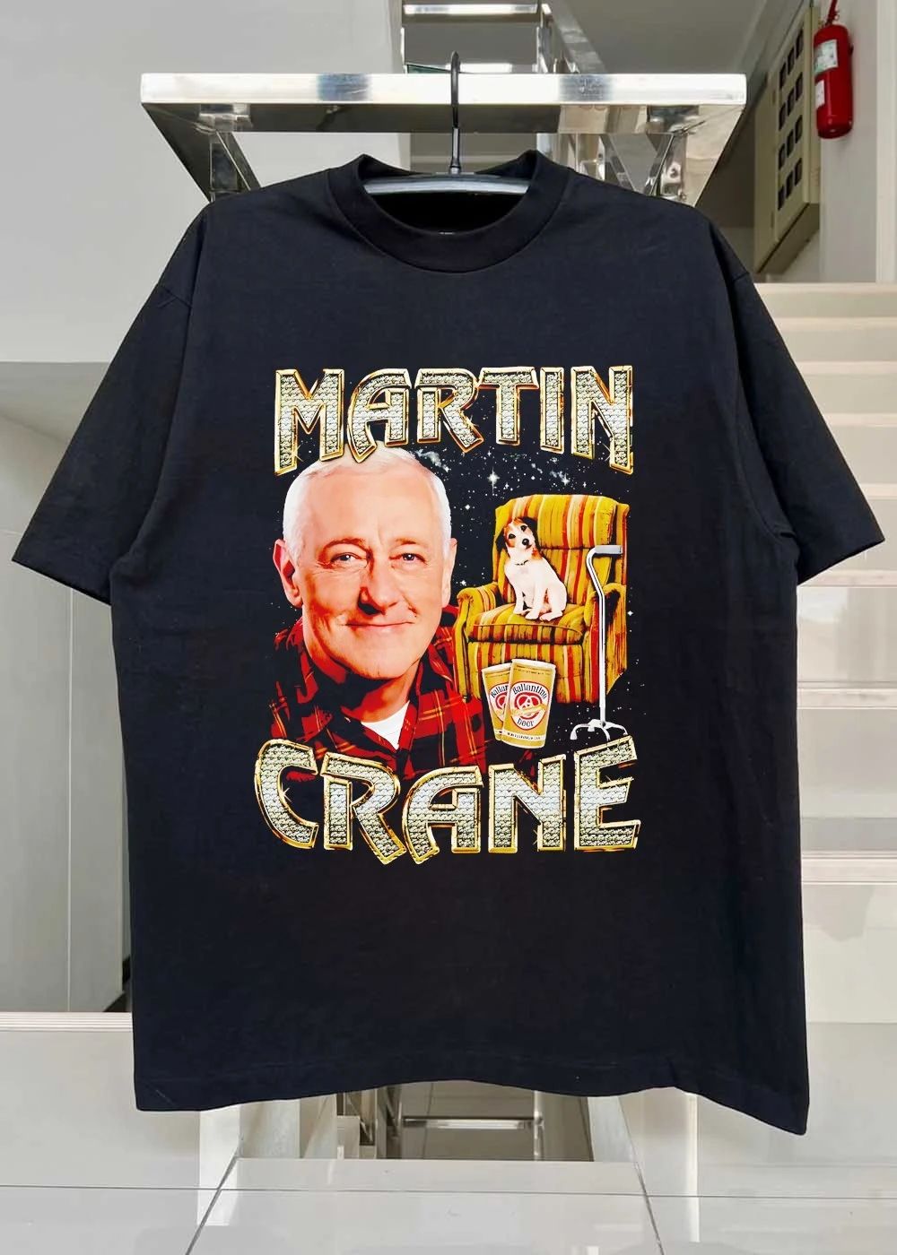 Martin Crane on Striped Chair with Dog and Beer Cans T-Shirt