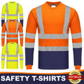 Mens Hi Viz Vis Long Sleeve High Visibility T shirt Safety Work wear Tops Tee