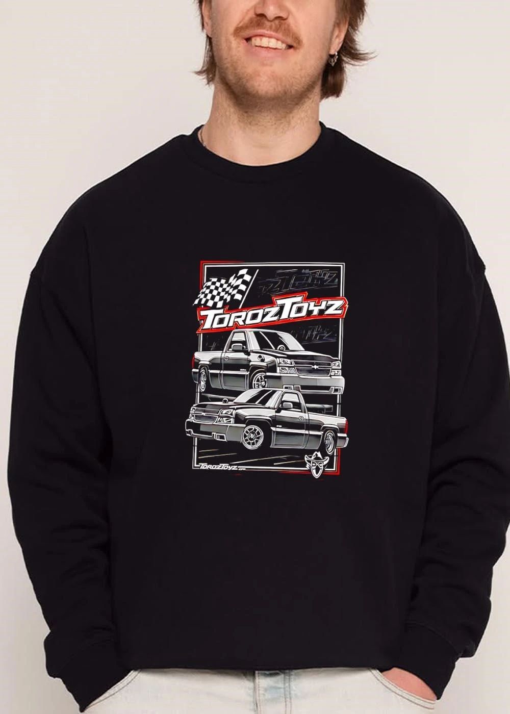 Toroztoyz Two Black Chevy Pickup Trucks Checkered Flag Line Art shirt