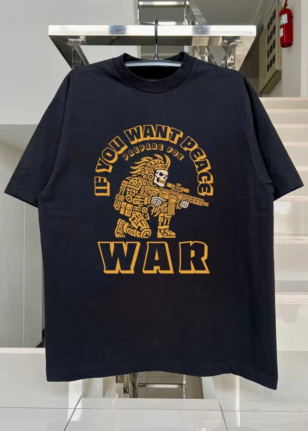 Aztec Skull Soldier Kneeling With Rifle If You Want Peace Prepare for War T-Shirt