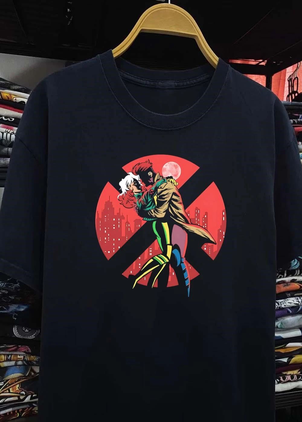 Rogue and Gambit Embrace in Red Moonlight X-Men shirt