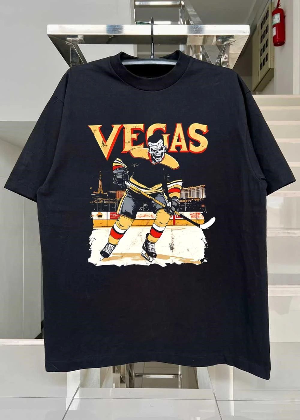Vegas Hockey Player Skull on Ice Sports Fan Apparel T-Shirt