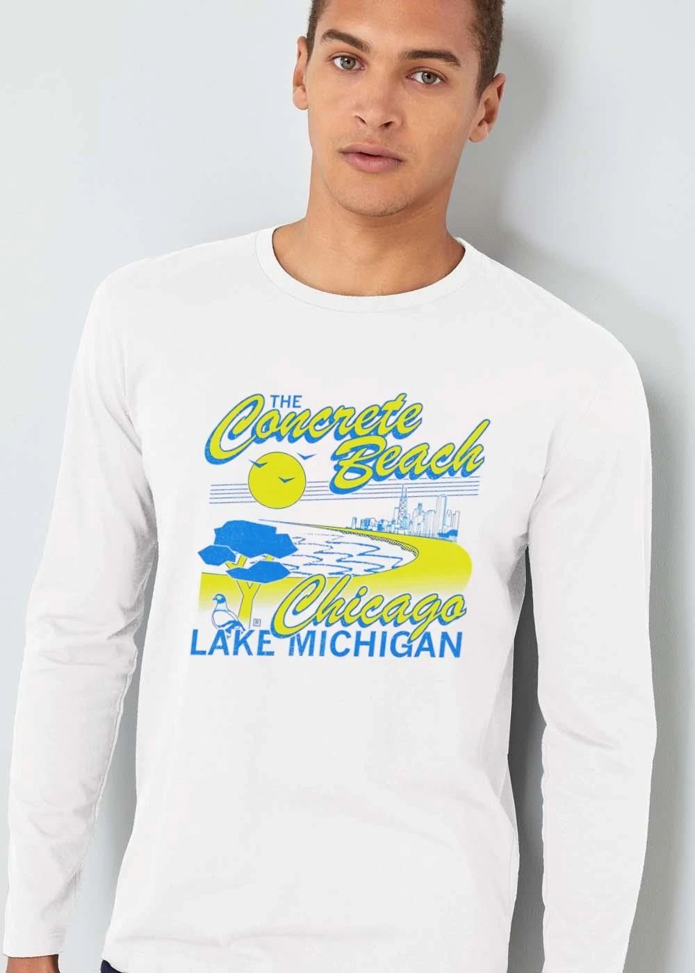 The Concrete Beach Chicago Lake Michigan Retro Sun Birds Skyline Pigeon shirt