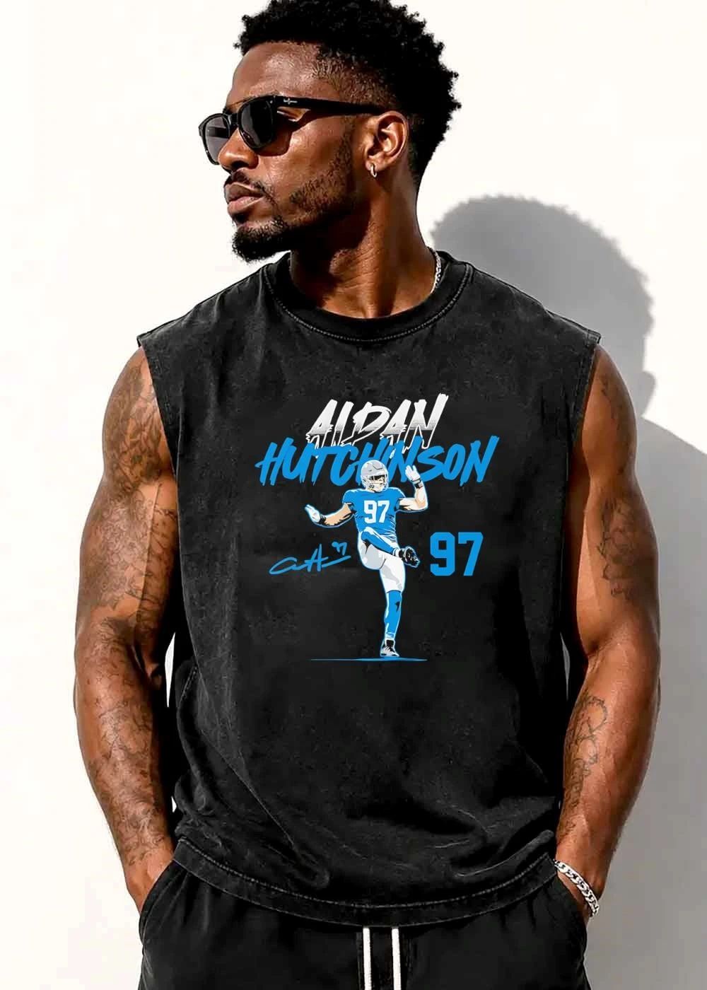 Aidan Hutchinson Signature High Kick Action Pose Jersey 97 Illustration shirt