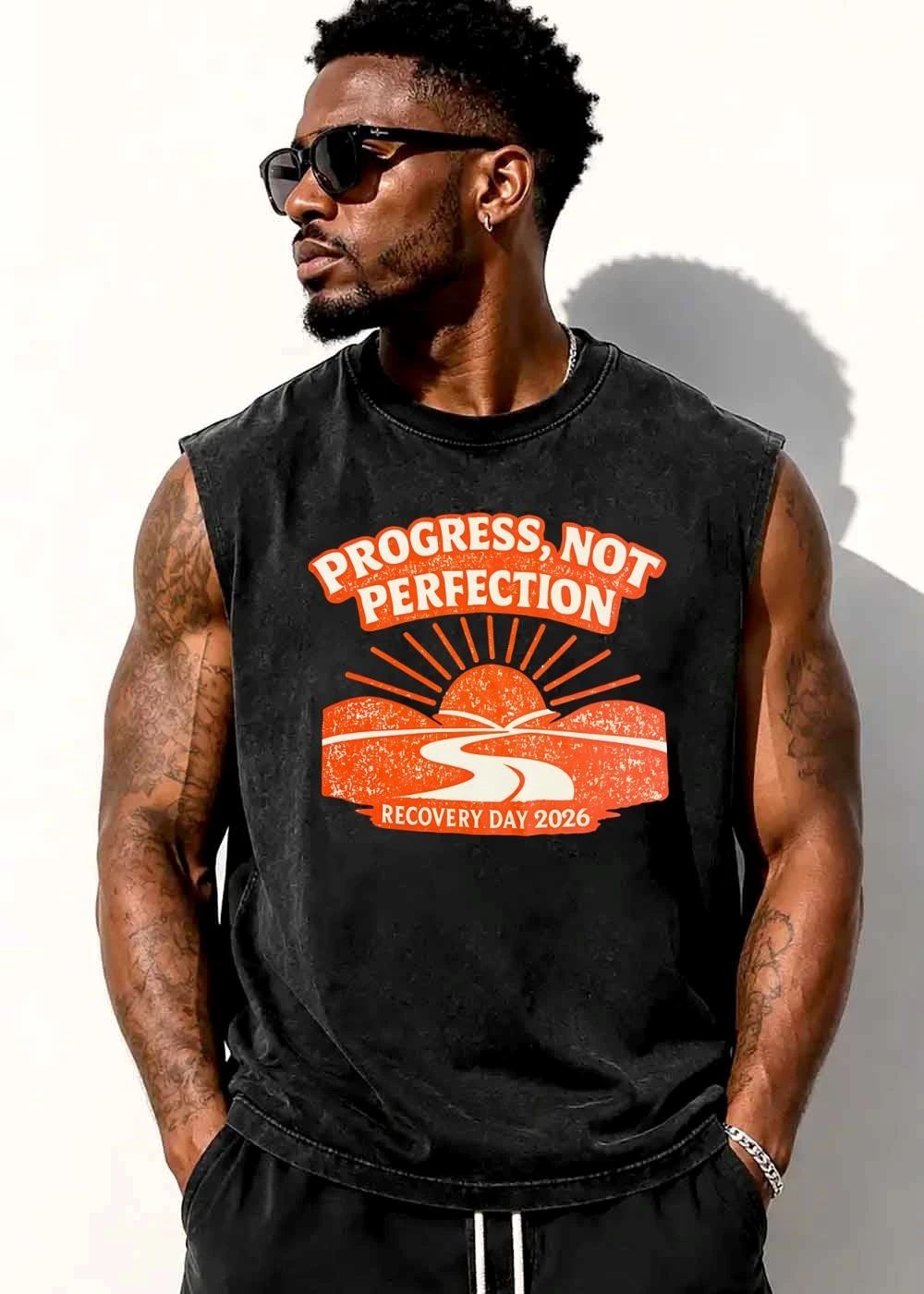 Progress Not Perfection Recovery Day 2026 Winding Road Sunburst Distressed Landscape shirt