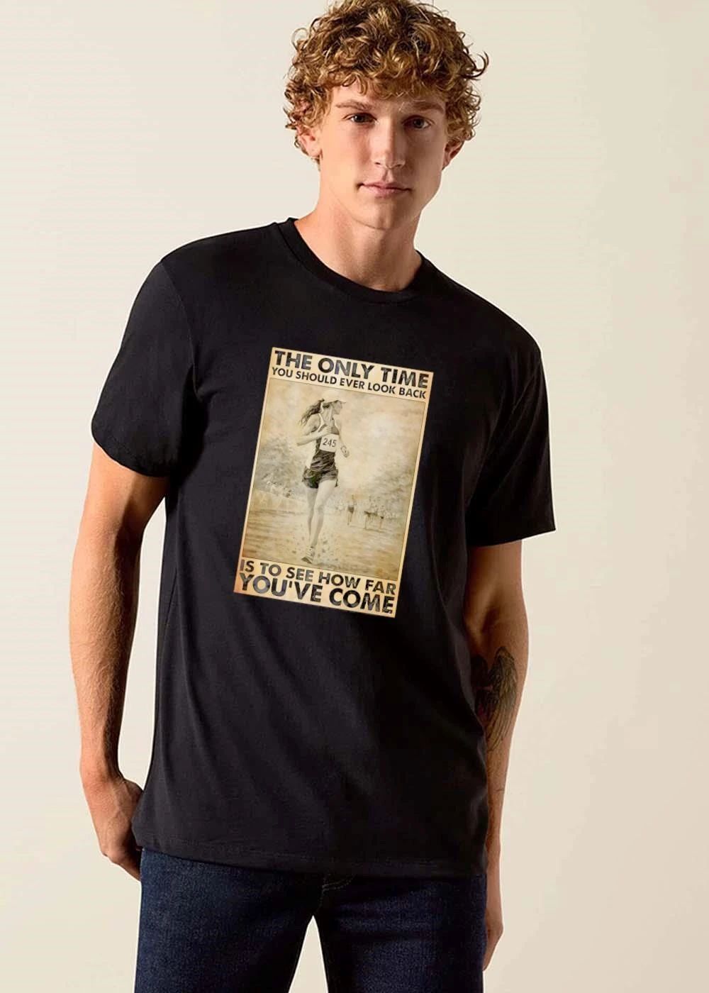 The Only Time You Should Ever Look Back Is To See How Far Youve Come Female Runner Sepia Vintage Poster shirt