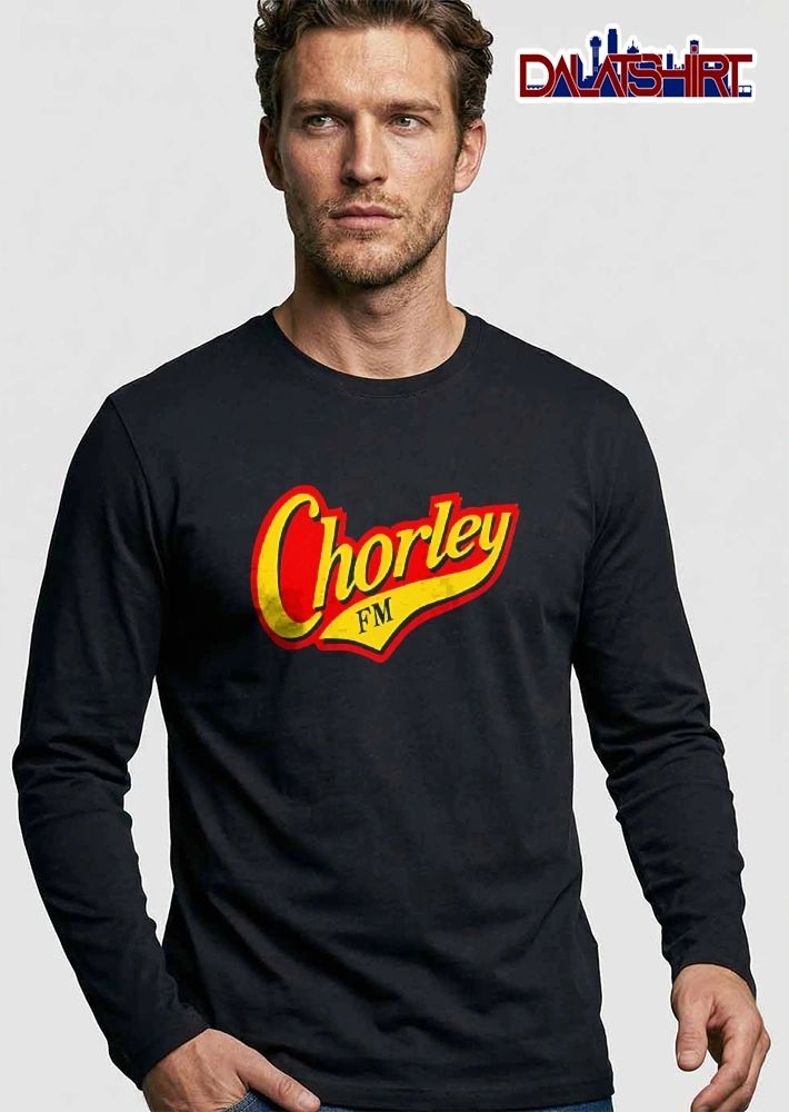 Chorley Fm Yellow Cursive Typography Red Layered Background shirt
