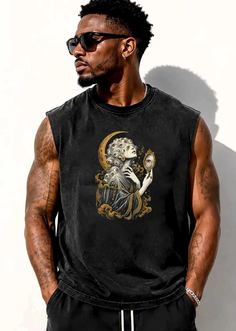 Gothic Surreal Many Eyed Woman Hand Mirror Crescent Moon shirt