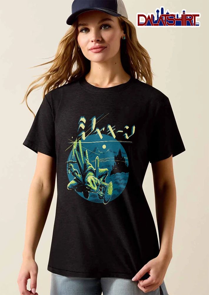 Japanese Katakana Text Leaping Frog Knight Holding Sword Shield Castle Moon Circle Halftone shirt