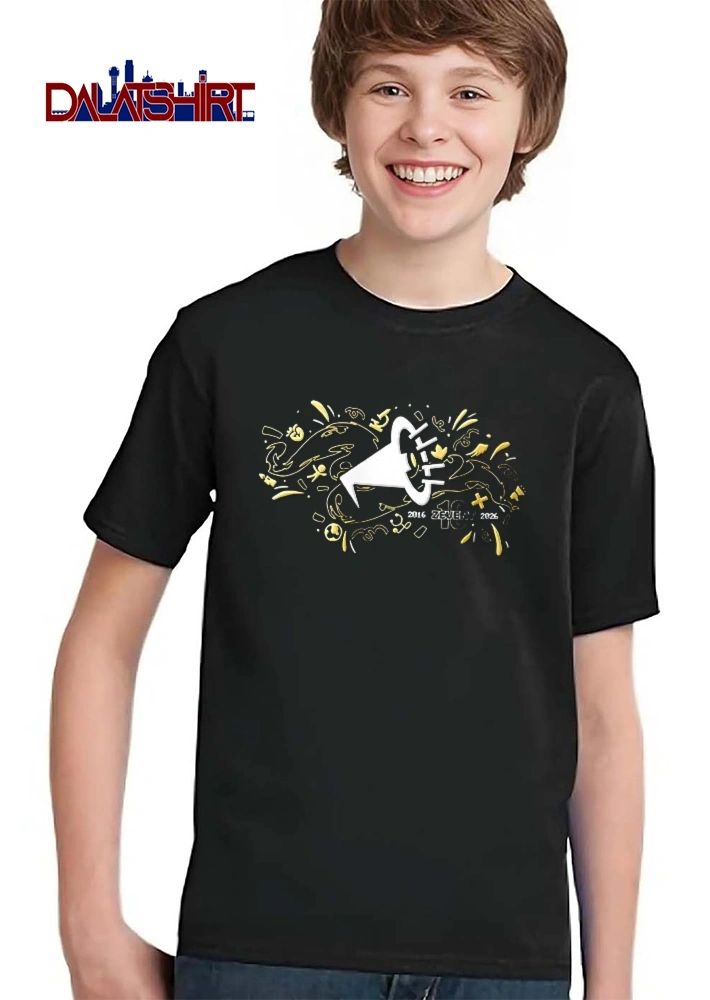 Zevent 2016 2026 10 White Megaphone Logo Gold Doodle Icons shirt