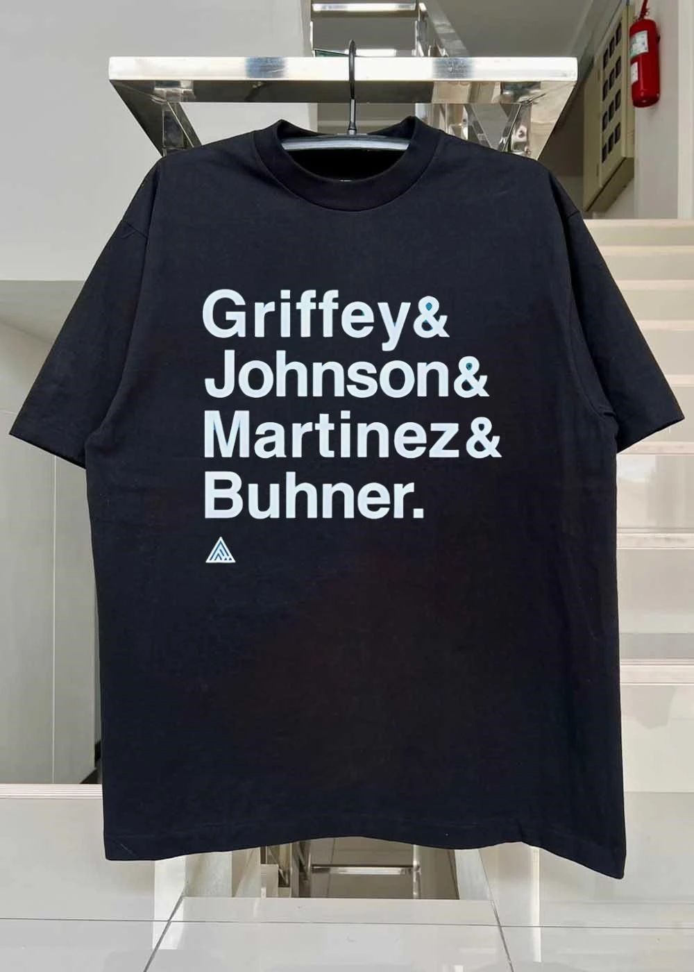 Griffey Johnson Roster White Sans Serif Typography Text Black Background Triangle Logo shirt