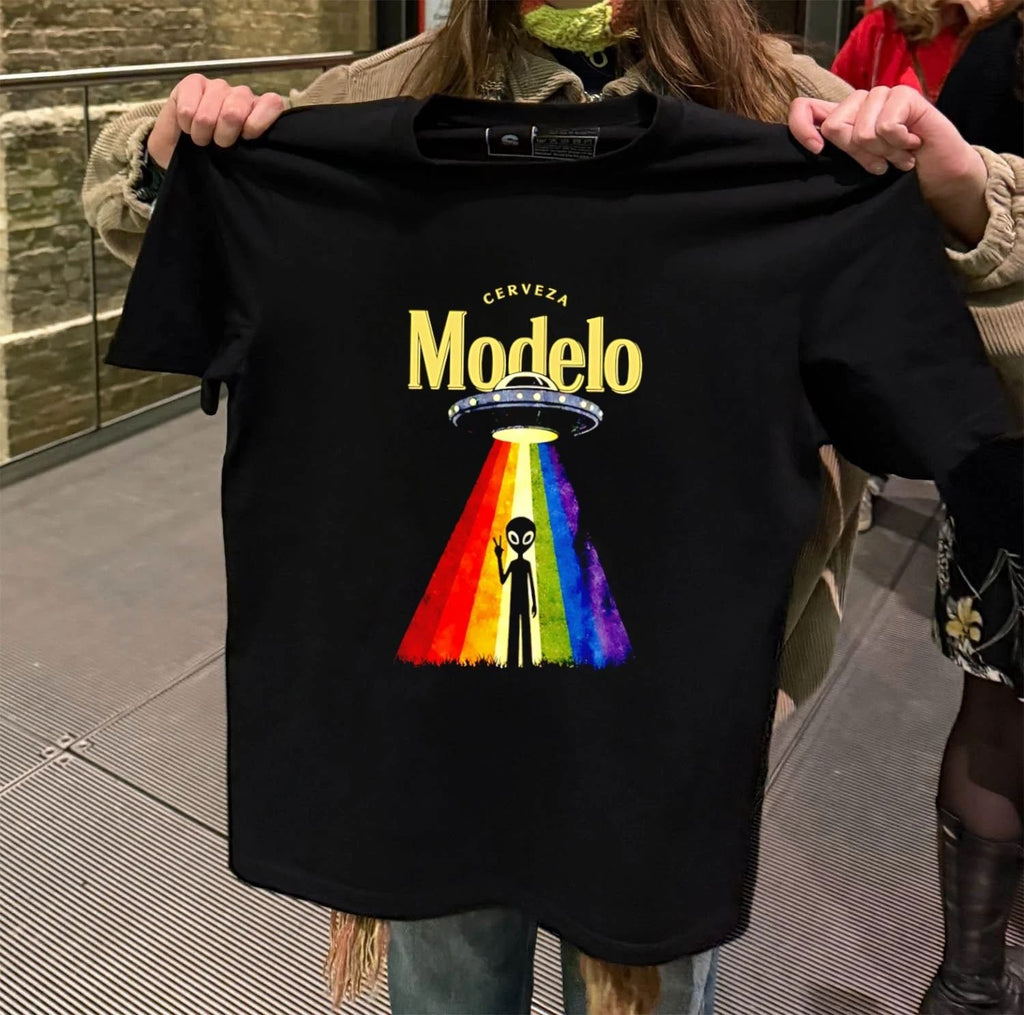Modelo Cerveza beer alien extraterrestrial UFO spaceship rainbow peace Cerveza Modelo shirt
