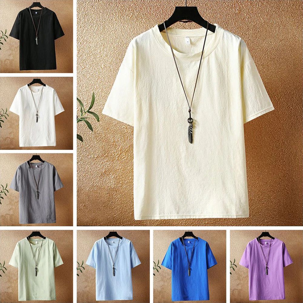 Mens Short Sleeve Crew Neck T-shirt Loose Linen-Look Top Tee shirt Casual