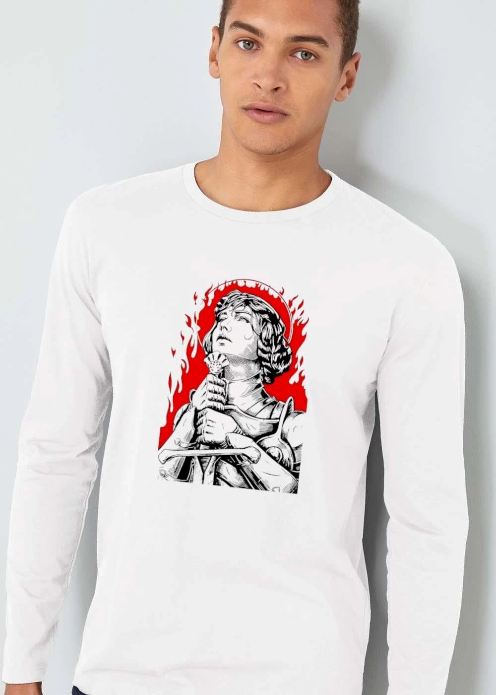 Female Knight Saint Holding Sword Red Flames Halo Line Art shirt