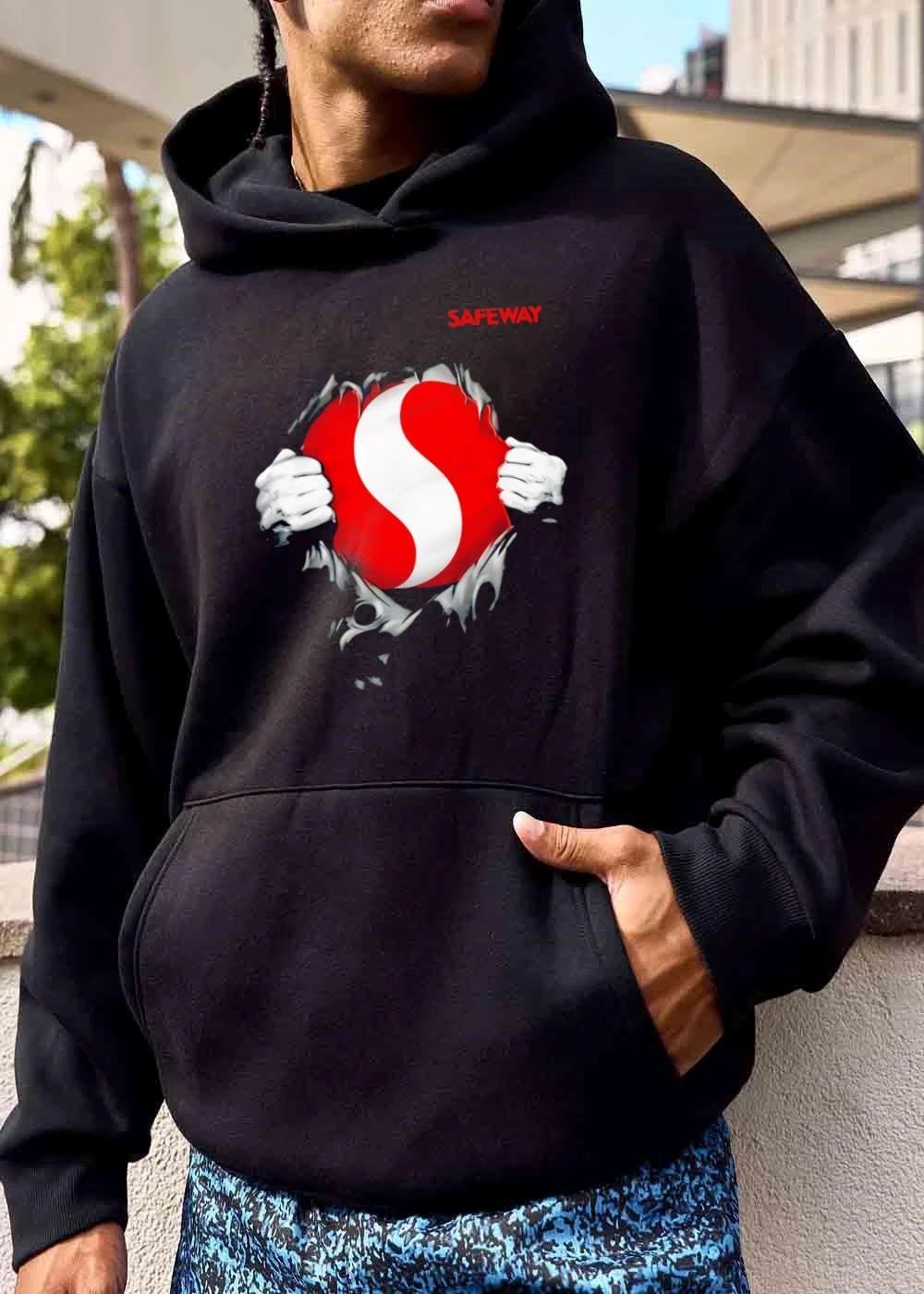 Safeway Hands Tearing Open Black Chest Revealing Red White Logo shirt