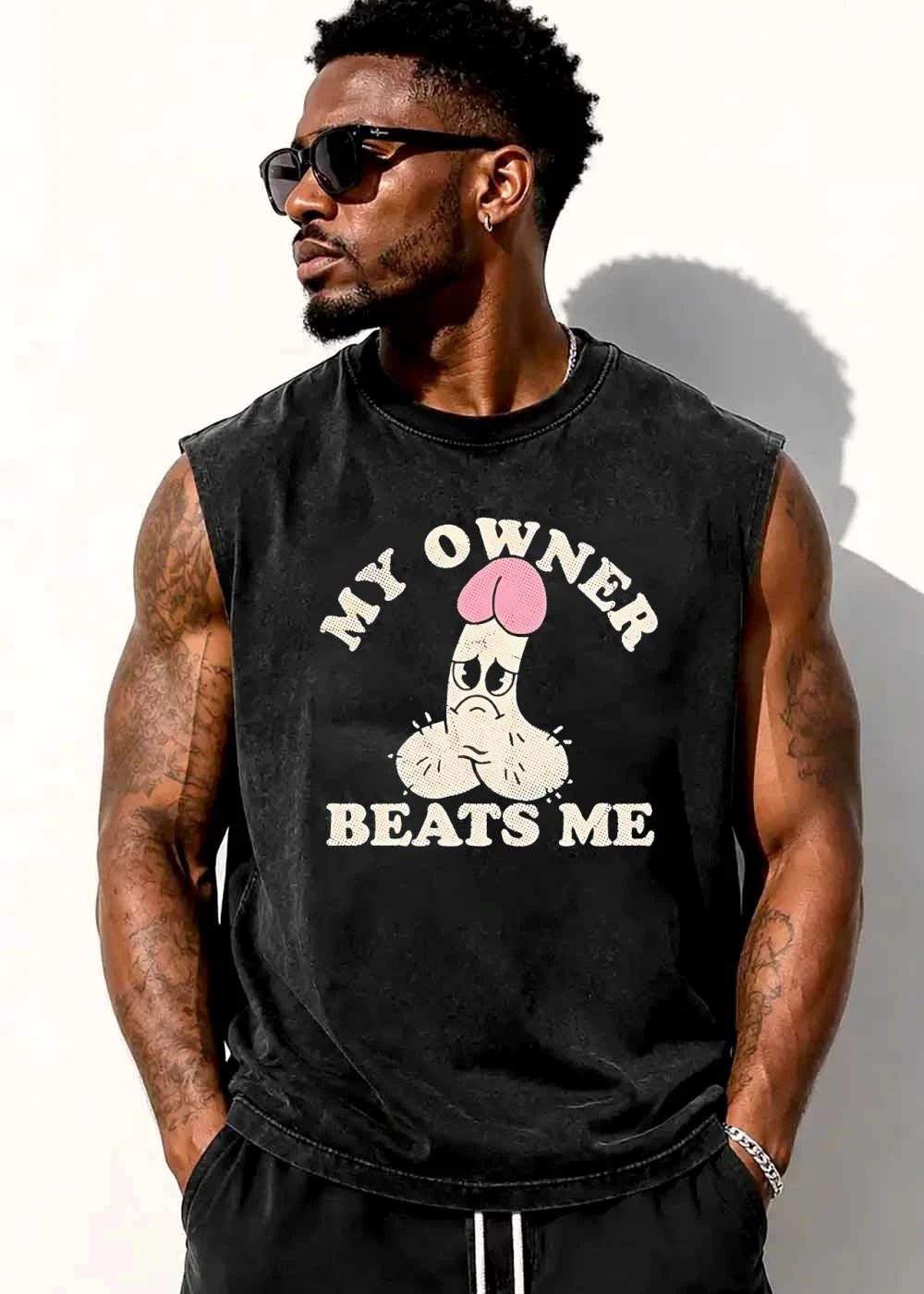 My Owner Beats Me Sad Cartoon Penis Character Halftone Distressed shirt