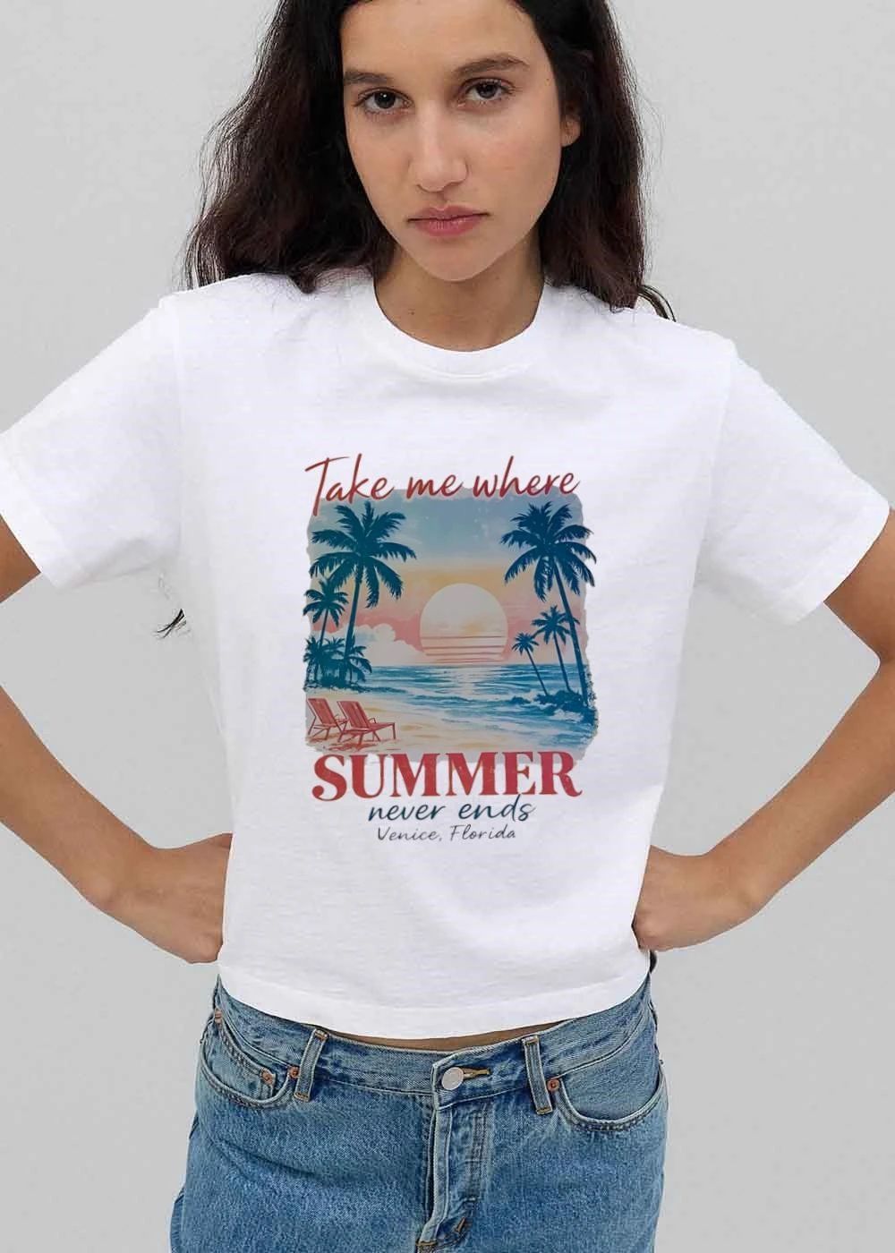 Take Me Where Summer Never Ends Venice Florida Palm Trees Beach Chairs Sunset Watercolor shirt